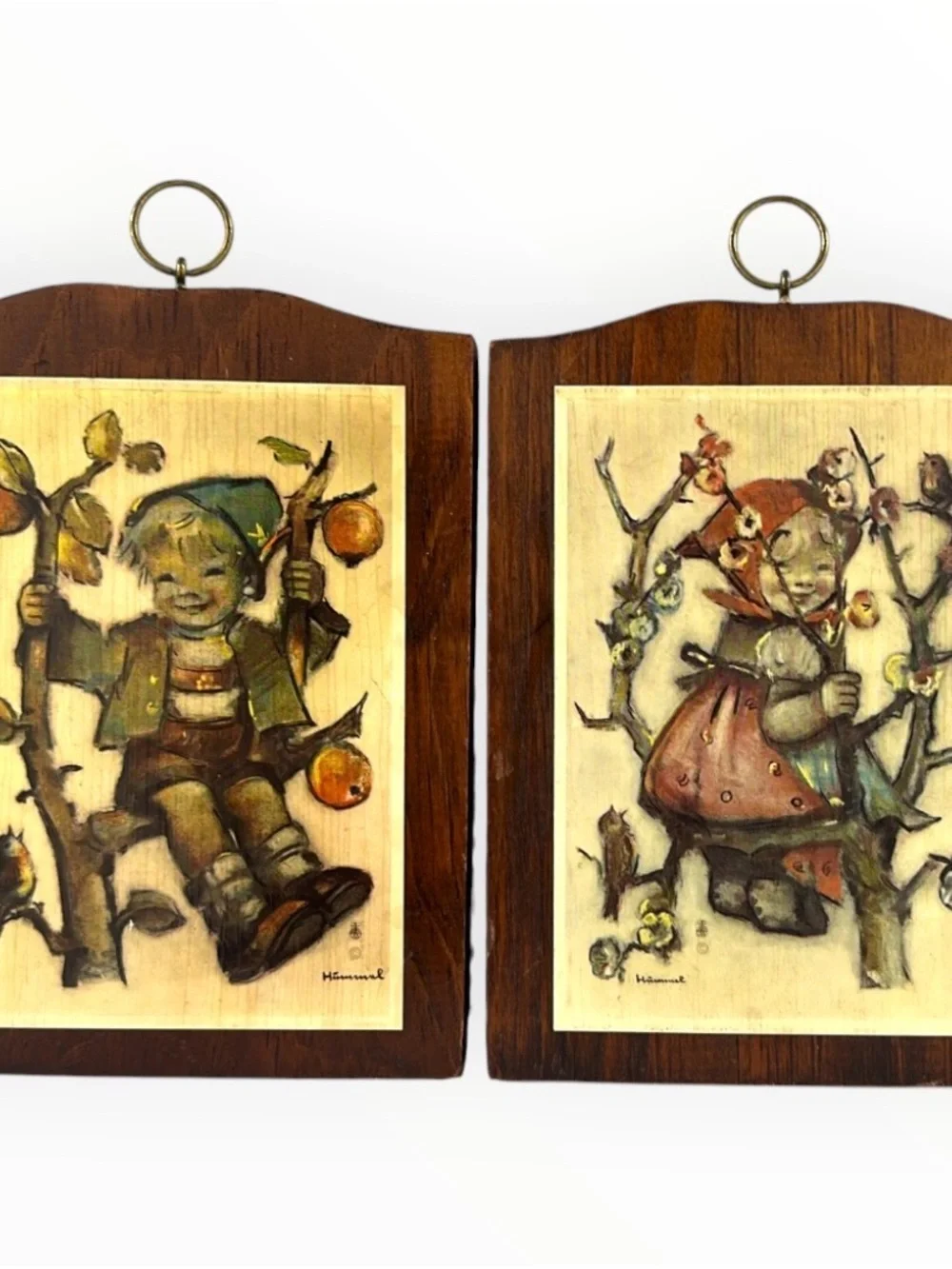 Vintage M.I. Hummel Apple Tree Boy & Girl 7.25” Wood Wall Plaques Set of 2